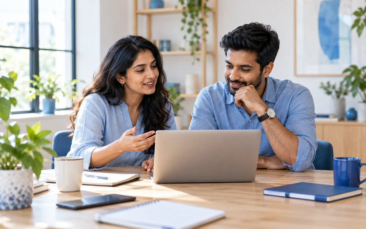 Two colleagues discussing ideas together over a laptop